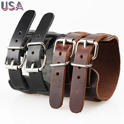 Mens Wide Cuff Wrap Gothic Wristband Punk Rock Biker Wide Strap Leather Bracelet • $7.99