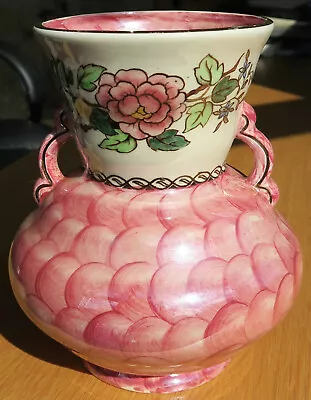 Antique Maling Two Handled Lustre Vase In Peony Rose Pattern • £25