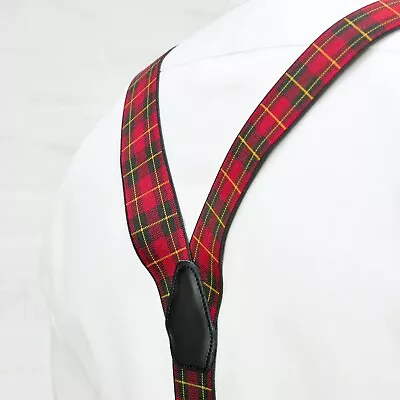 Tartan Braces - Red Green Yellow Clip On Elastic Suspenders Handmade UK • £19