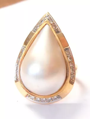 Large 21mm Pear Shape Mabe Pearl & Diamonds 14K Yellow Gold Cocktail Ring  8.5 • $599