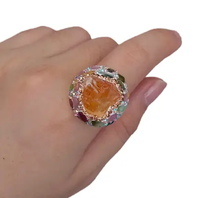 Natural Yellow Citrine Rough Raw Tourmaline Finger Rings Anniversary Jewelry • $14.25