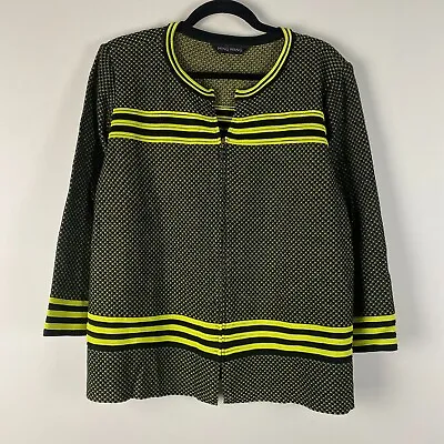 Ming Wang Full Zip Jacket Size L Black Stripe Green Trim Knit Black 3/4 Sleeve • $34.95