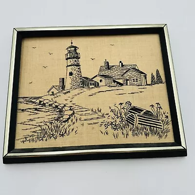 Framed Blackwork Embroidery On Lighthouse On Beach Lobster Traps VTG • $23.99