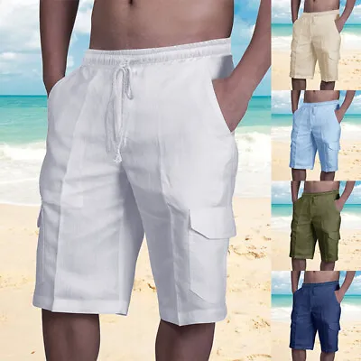 $15.08 • Buy Men Cotton Linen Elastic Waist Shorts Drawstring Summer Baggy Loose Casual Pants