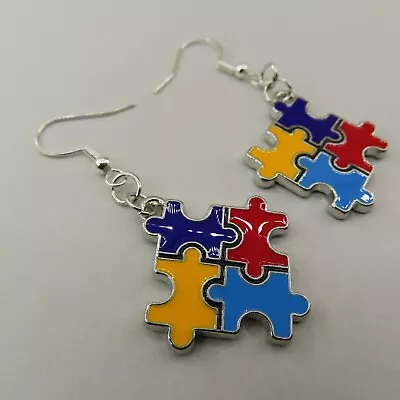 Puzzle Piece AUTISM AWARENESS Drop Dangle Earrings Silver Tone Blue Red Yellow • $9.88