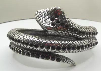 Vintage Coiled Snake Hinged Bangle Bracelet Black Rhinestones And Green Eyes • $24.99