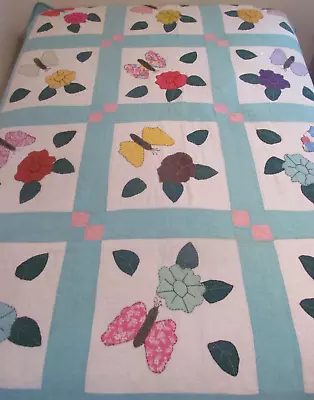 Cute Colors~Vintage PANSY FLOWER & BUTTERFLY Applique Quilt~Hand Quilted 62x82 • $129.99