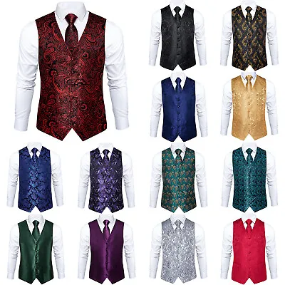 DiBanGu Formal Black Mens Suit Waistcoats Red Floral Business Wedding Vest Tie S • £15.99