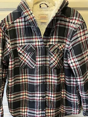 Boston Traders Flannel Jacket Hoodie Sz Large Plaid Shacket Sherpa Lined Pockets • $28