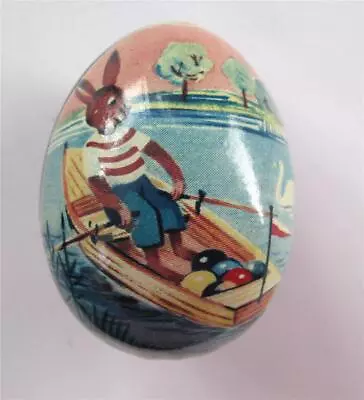 Vintage Tin Litho Easter Egg Candy Container Bunny In Rowboat W Eggs Switzerland • $14.99