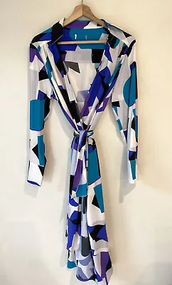 $130 • Buy Scanlan Theodore Womens Silk Block Print Wrap Dress Long Sleeve Blue Size 10