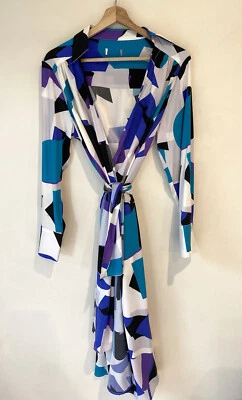 $130 • Buy Scanlan Theodore Womens Silk Block Print Wrap Dress Long Sleeve Blue Size 10