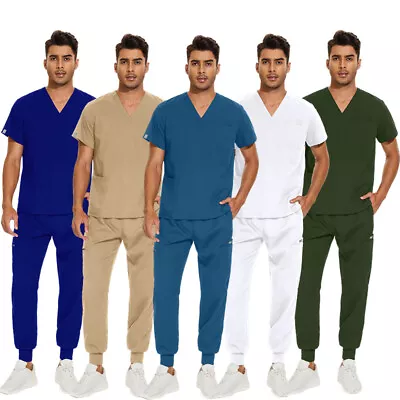 Stretch Medical Nurse Uniform Scrub Set Men V-Neck Short Sleeve Yoga Jogger Pant • $34.95