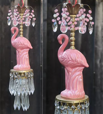 Swag Vintage Lamp Pink Flamingo Chandelier Crystal Opaline Beads Lily Porcelain • $145