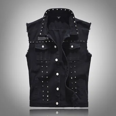 Men Denim Biker Waistcoat Jeans Gilet Ripped Rivet Vest Slim Sleeveless Jacket • $66.12