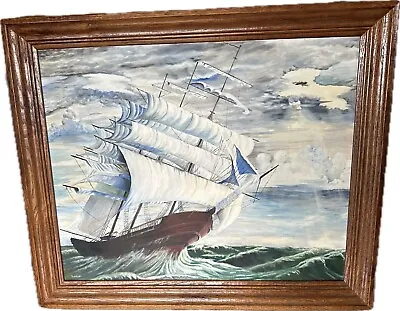 VTG Signed Painting Of Ship 1968. Oil On A 24x30” Canvas Board Nautical Coastal • $199.99