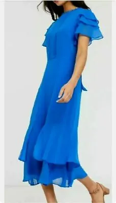 BNWT Stunning Oasis Rich Blue Ruffle Sleeve Frill Hem Midi Dress 10 12 £58 RARE • £32.99