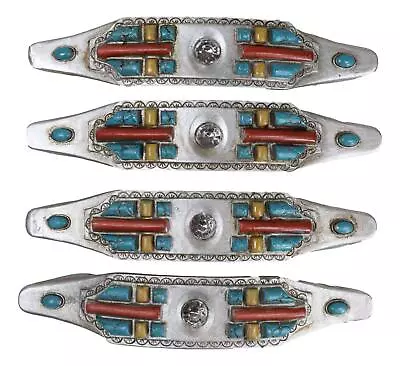 Set Of 4 Rustic Southwestern Turquoise Cross Gemstones Crystal Cabinet Bar Pulls • $28.99