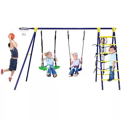 5-In-1 Outdoor Kids Swing Set Children Climbing Ladder Games W/ Basketball Hoop • £159.95