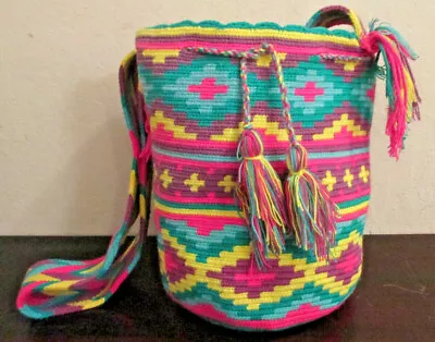 Bag Wayuu Mochila Bucket Boho Colombia Rioacha Neon Yellow Orange Green New #45 • $48