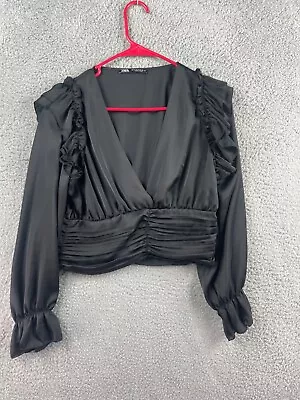 Womens Zapa Black Midriff Long Sleeve Pleated V-Neck Blouse Side Zip Medium • $11.99