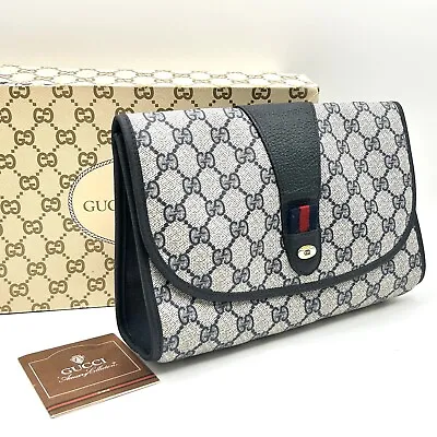 Gucci Vintage Clutch Bag Sherry Line Purse GG Navy W/Box #0180 • $289.99