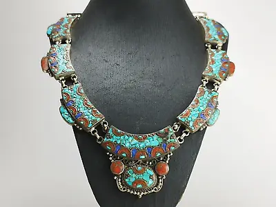 VTG Turkmen Alpaca Silver Statement Necklaces Turquoise Coral Lapis Stone Inlay • $115