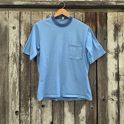 Vintage 70s Light Blue Ringer Pocket Short Sleeve T-Shirt RN 14302 • $29.97