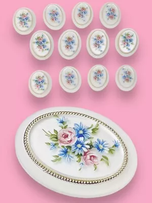 12 Floral Oval Cameos Cabochons 40X30mm Blue Pink Vintage Germany Wholesale Lot • $14.99