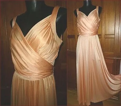 Vtg 70s Peach Silky Jersey Knit Grecian Boho Cocktail Evening Wedding Maxi Dress • $86.90