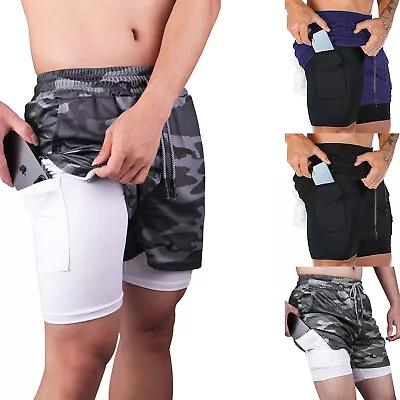 2 In 1 Mens Running Compression Shorts Gym Sports Training Workout Fitness Pants • $9.99