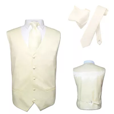 Men's Dress Vest NeckTie Hanky CREAM Ivory Color Neck Tie Set For Suit Tux 3XL • $24.95