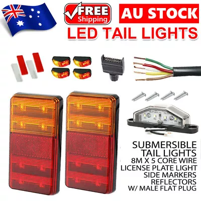 LED Trailer Lights Kit Tail Marker Number Plate 5 Core Wiring Plug Caravan Boat • $48.95