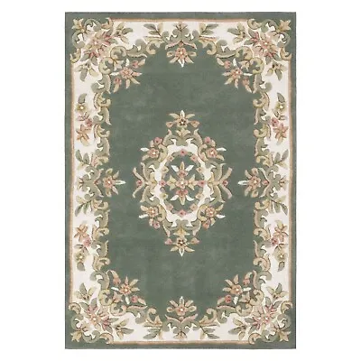 £79.49 • Buy Green Aubusson Rug & Runner & Circle, Soft Thick Chunky Luxury 100% Wool Royal 