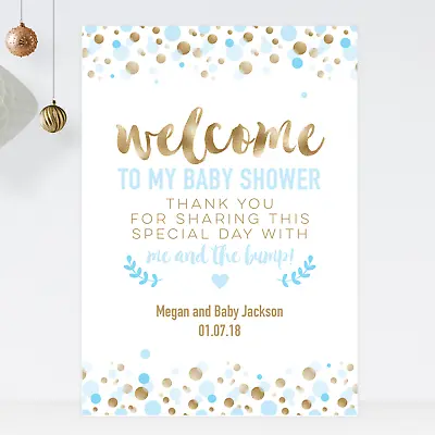 Personalised Baby Shower Welcome Sign Poster In Gold Effect & Pink / Blue (BS42) • £4.75