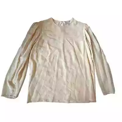Vintage 1980s Trifles Silk Blouse Pearls All Over Elegant High Neck Cream 10 • $64