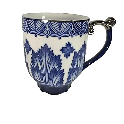 Bombay Co Grace Pattern Pedestal Mug Cobalt Blue White Silver Trim Coffee Tea • $17.55