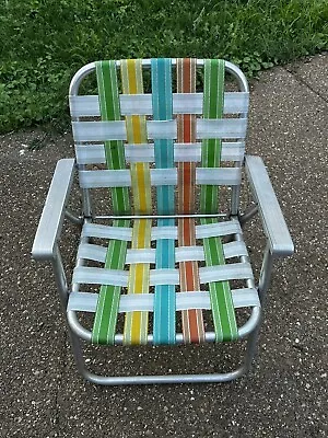 Vintage Aluminum Webbed Folding Beach Patio Deck Chair Multicolored • $45