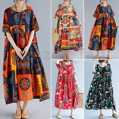 $30.29 • Buy ZANZEA Womens Floral Rretro Short Sleeve Sundress Casual Oversized Maxi Dress AU