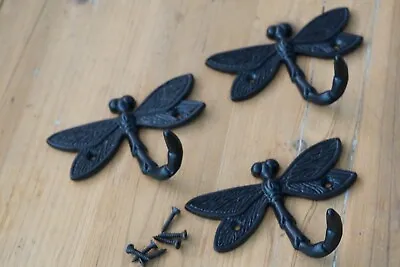 3 Dragonfly Hooks Decorative Wall Towel Coat Hangers Rack Hooks Black Retro Hat • $14.99