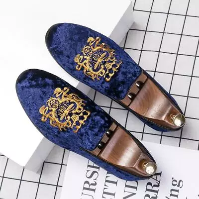 Mens Embroidery Velvet Smoking Slippers Formal Tuxedo Shoes Slip On Loafers • £42.11