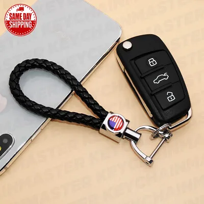 Black Weave Calf Leather USA America U.S. Flag Logo Car Home Key Chain Ring Gift • $12.99