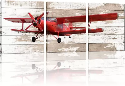 3 Pieces Canvas Wall Art Red Vintage Propeller Aircraft Picture With Wooden Back • $54.51