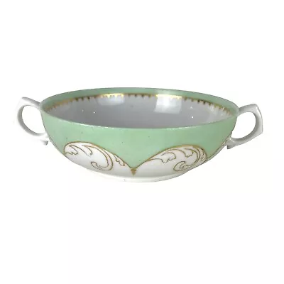 T & V Limoges France Double Handled Soup Bouillon Hand Painted Green Gold • $24