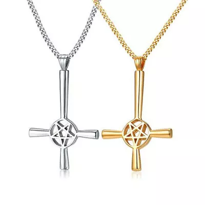 Inverted Cross Pentacle Pentagram Star Pendant Men Necklace Religious Satanic • $5.17