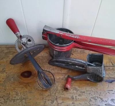 Vintage Lot Of Red Wood Handle Utensils Farmhouse- Potato Ricer Mouli Beater • $20