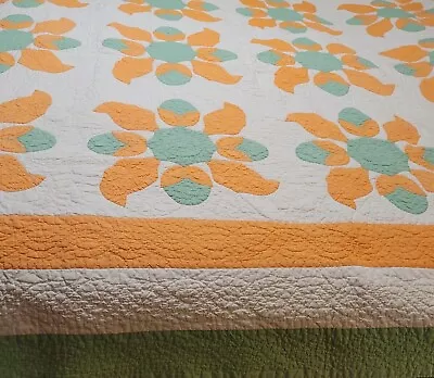 Vtg Gorgeous Appliqued Orange & Green Flower Quilt Hand Quilted Color Bands READ • $250