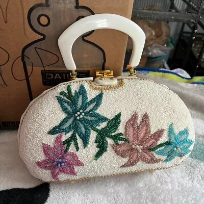 Adele Vintage Preowned Beaded Wicker Purse 1960s White Gold • $100