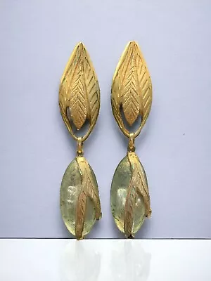 Vintage Signed  Italy Large Runway Couture Gold Leaf Lucite Clip On Earrings • $59