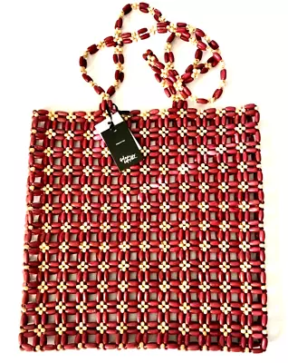 NWT Hand Woven WOOD BEAD BAG/Satchel From PARIS 13 X13  Cranberry & Tan India • $18.49